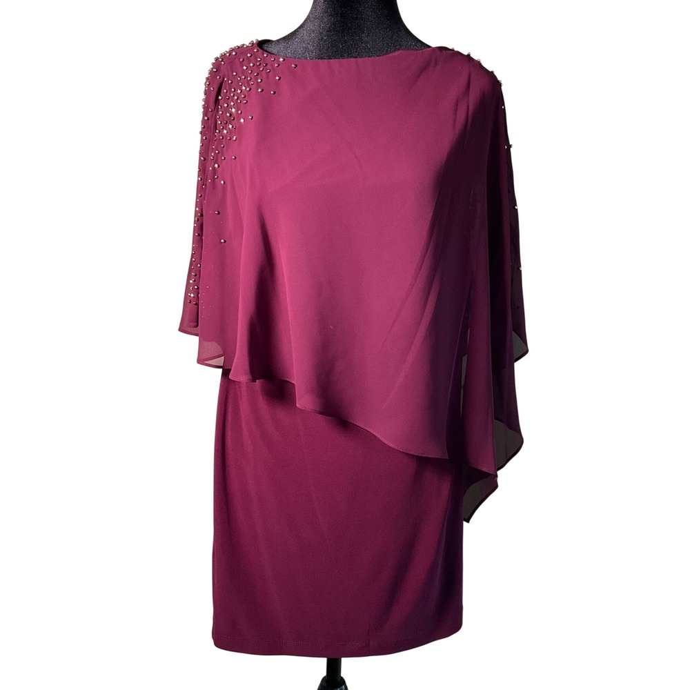 DJJaz NWT Beaded Embellished Cold Shoulder Burgundy Chiffon Cape Sheath Dress 6P